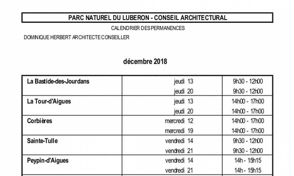 Permanences Architecte conseil du PNRL décembre 2018 et janvier 2019