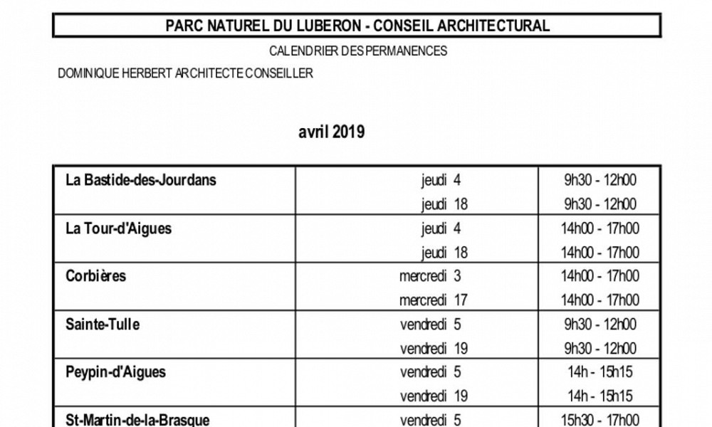 Permanences Architecte conseil du PNRL acril et mai 2019